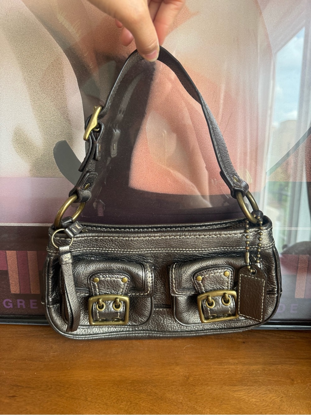 COACH 5732 Y2K Vintage 2005 Metallic gunmetal Leather purse with buckle details